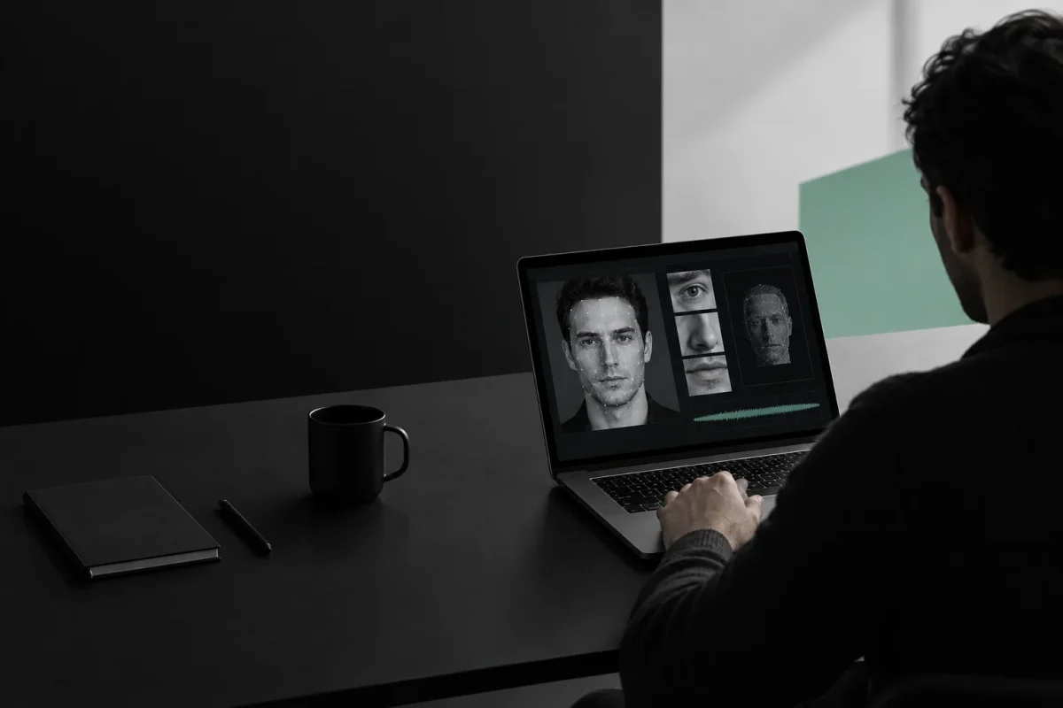 Bilgisayar ekranında birden çok video penceresini inceleyerek deepfake riski değerlendiren profesyonel