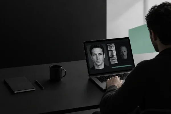 Bilgisayar ekranında birden çok video penceresini inceleyerek deepfake riski değerlendiren profesyonel